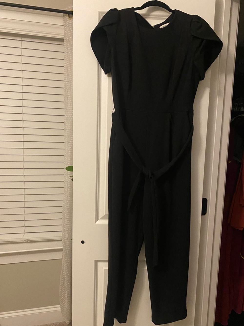 Calvin Klein Black Puff-Sleeve Jumpsuit with Waist Tie